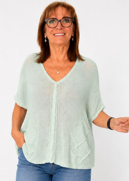 Riviera Summer Knit Top with Pockets in Mint