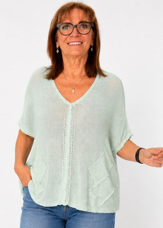 Riviera Summer Knit Top with Pockets in Mint