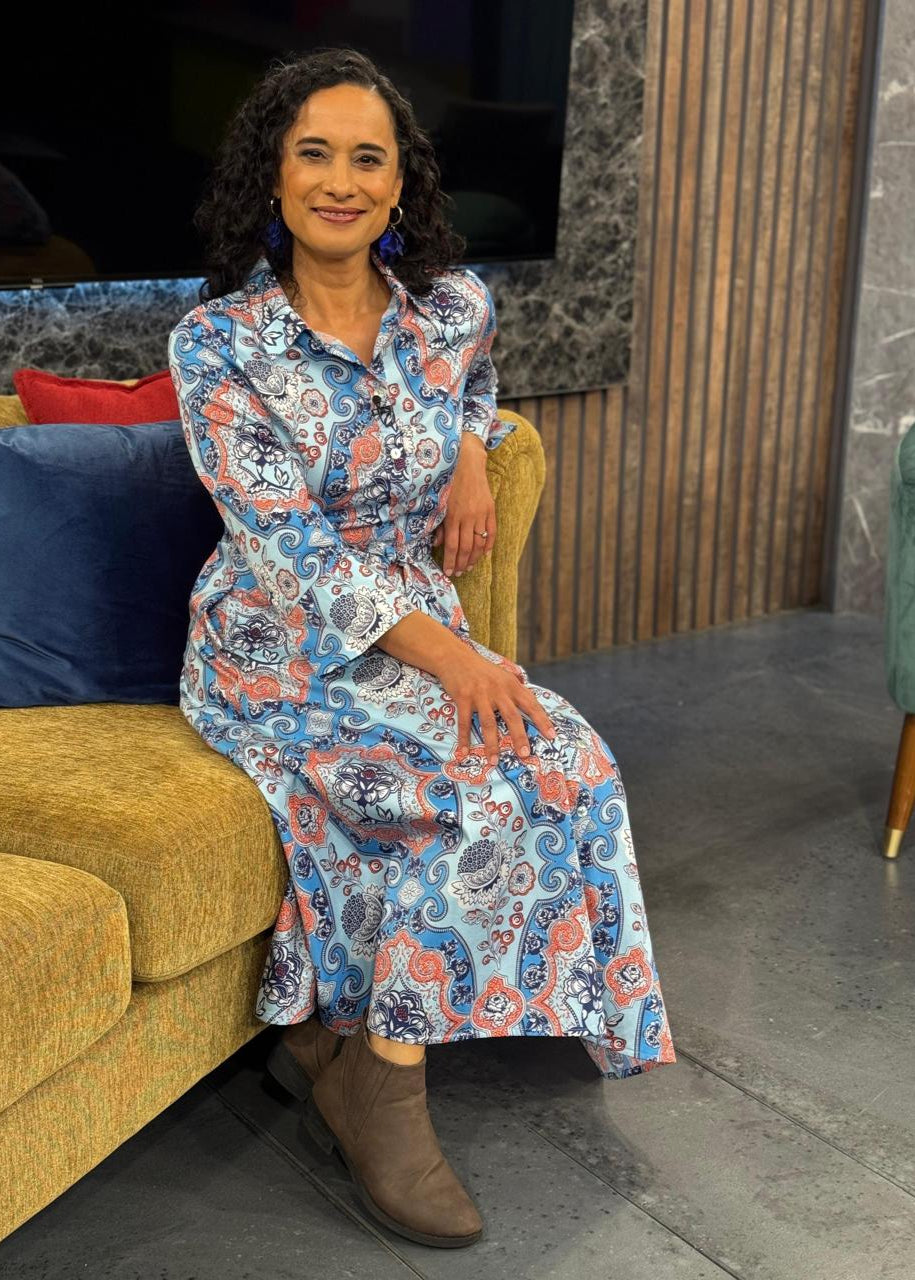 J-LO Dress, Blues with orange paisley