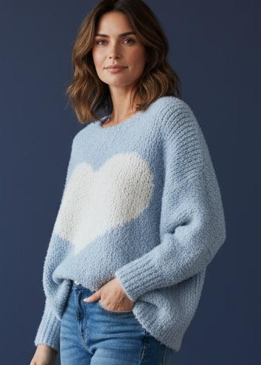 Sweetheart Chunky  Round Neck Kni in Blue