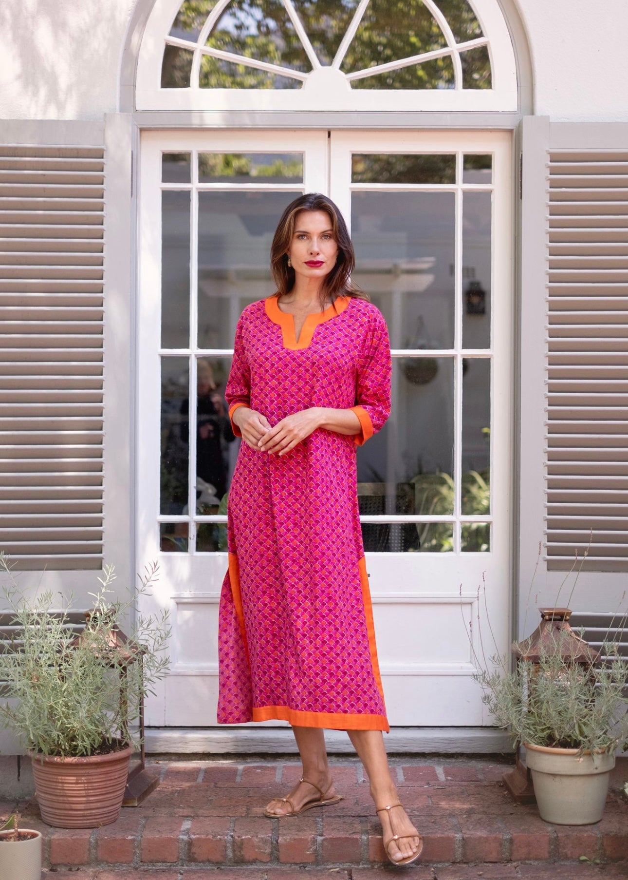 Tunic dress in Magenta with burnt orange contrast