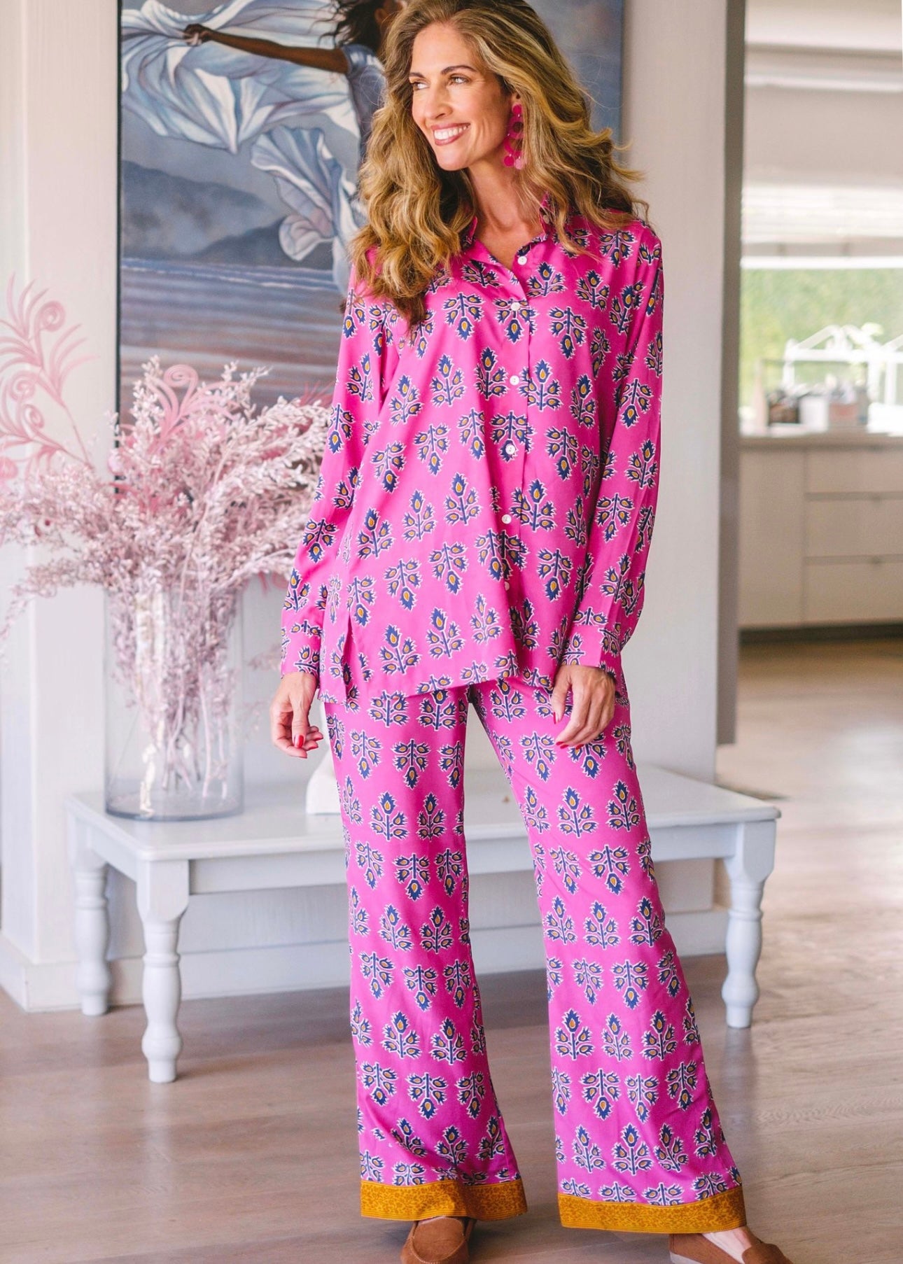 Pant suit, Pink & navy pattern