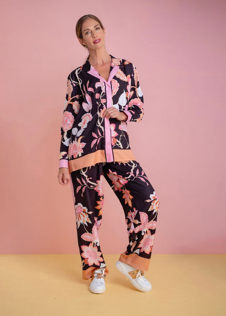 Louisa Pant suit in Black & pink floral