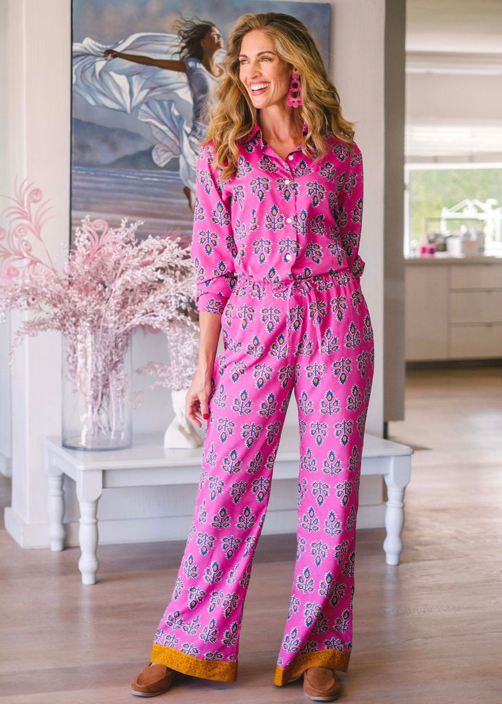 Pant suit, Pink & navy pattern