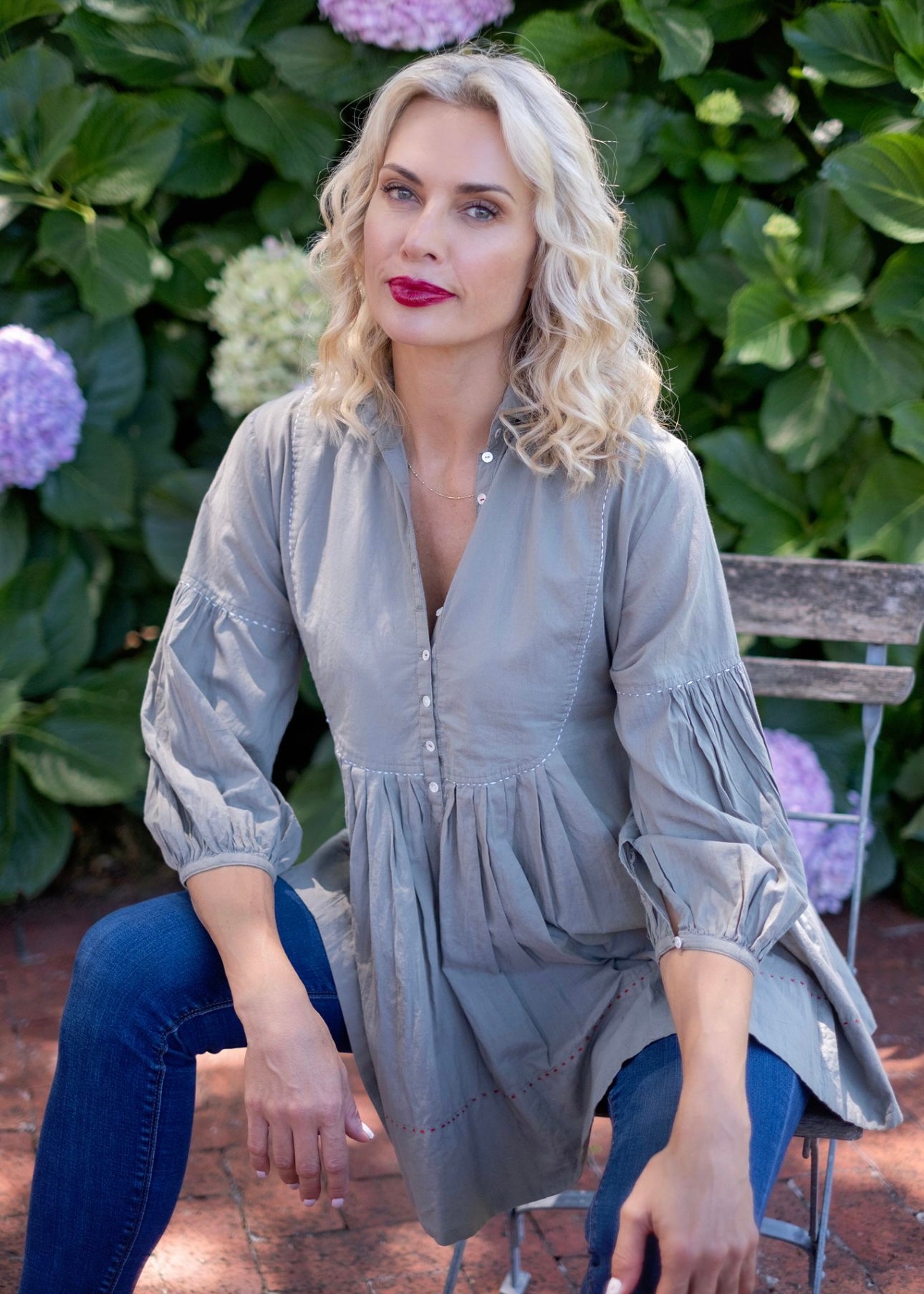 Pleated tunic with saddle stitching, Khaki
