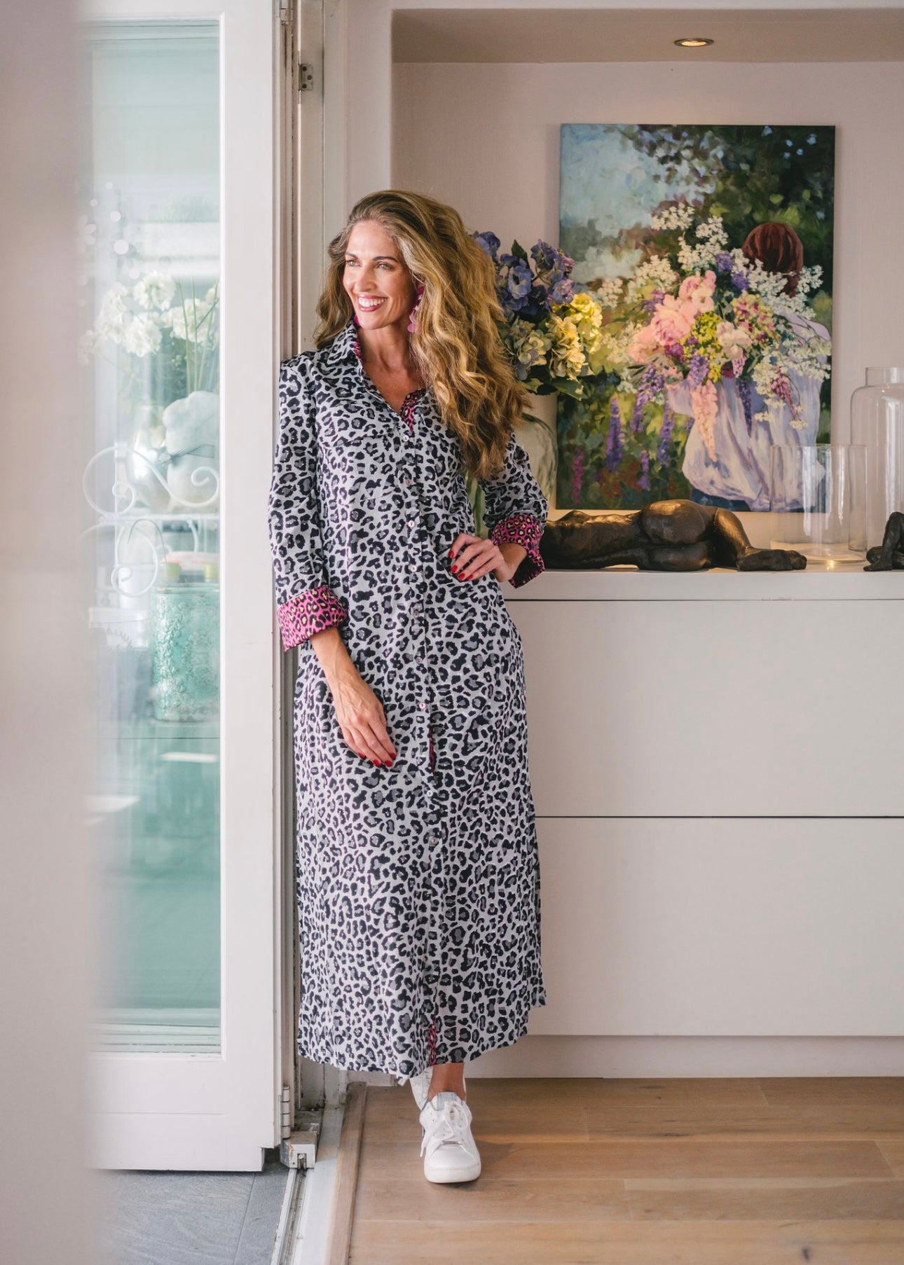 Betty Button dress, Grey animal with pink contrast