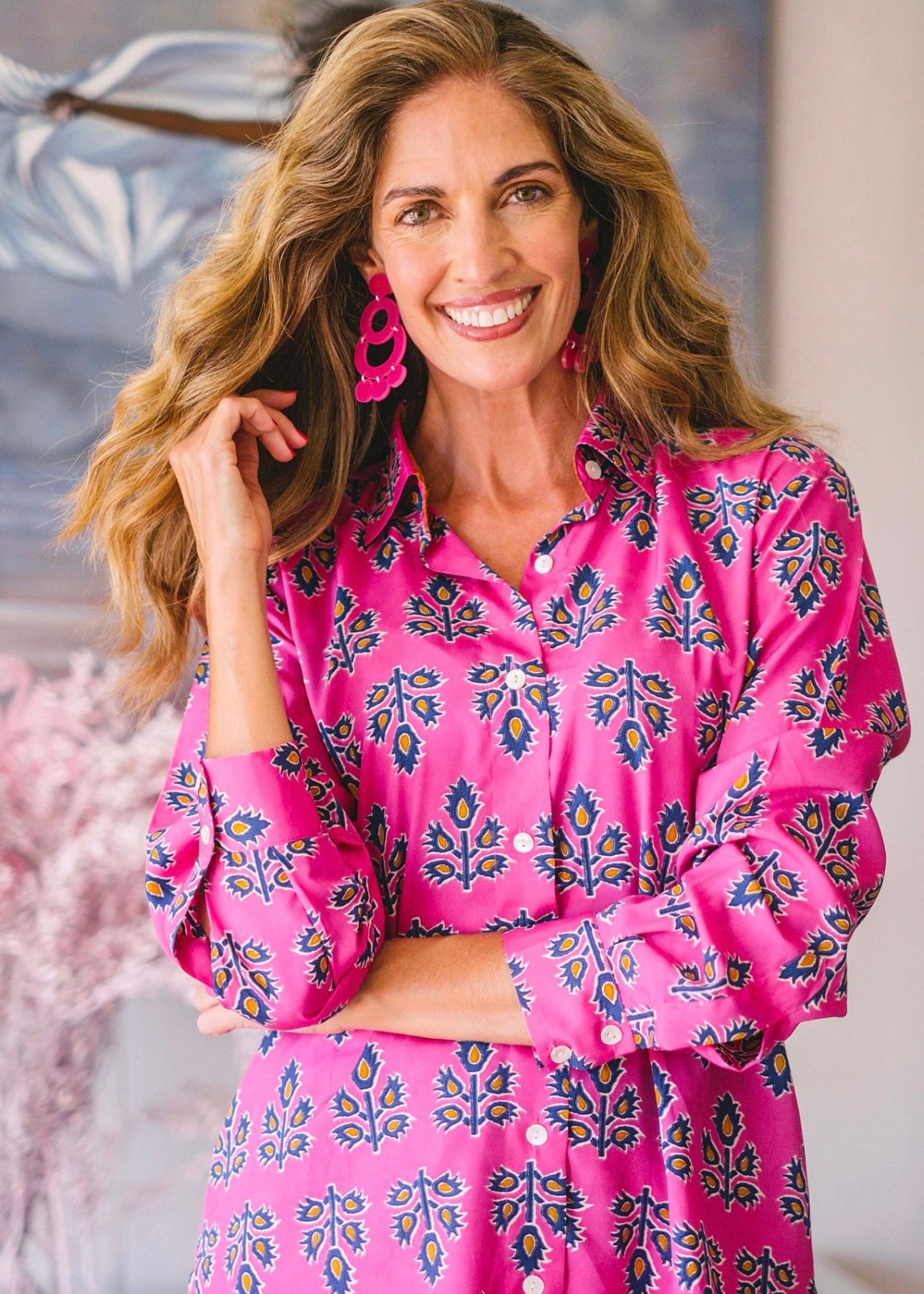 Pant suit, Pink & navy pattern