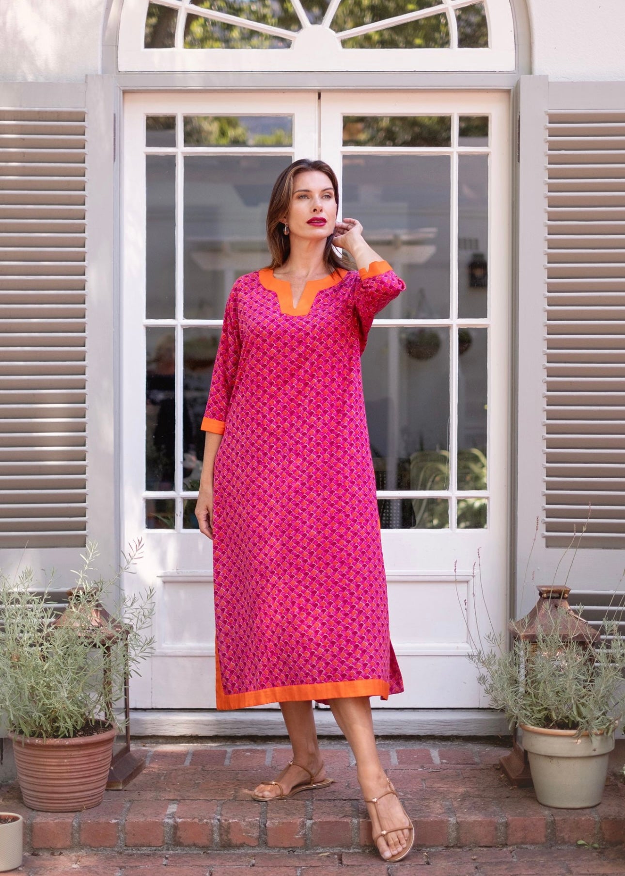 Tunic dress in Magenta with burnt orange contrast