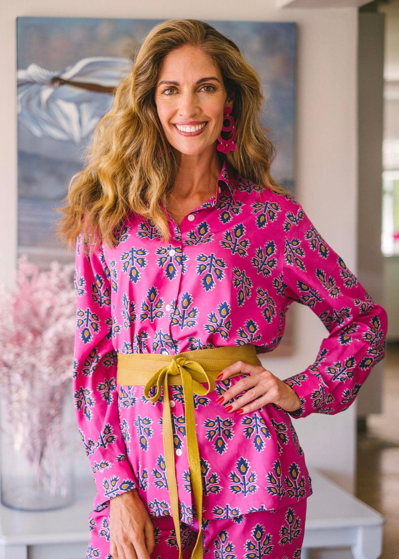Pant suit, Pink & navy pattern