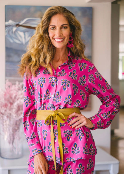 Pant suit, Pink & navy pattern