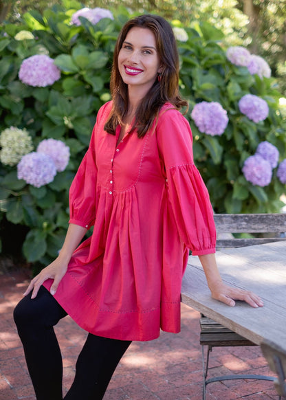 Pleated tunic with saddle stitching, Cerise