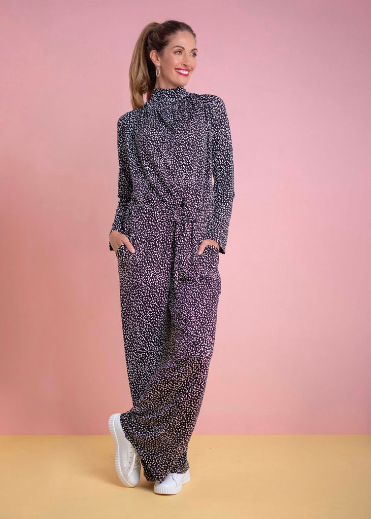 Highneck winter jumpsuit, Black & white polkadot