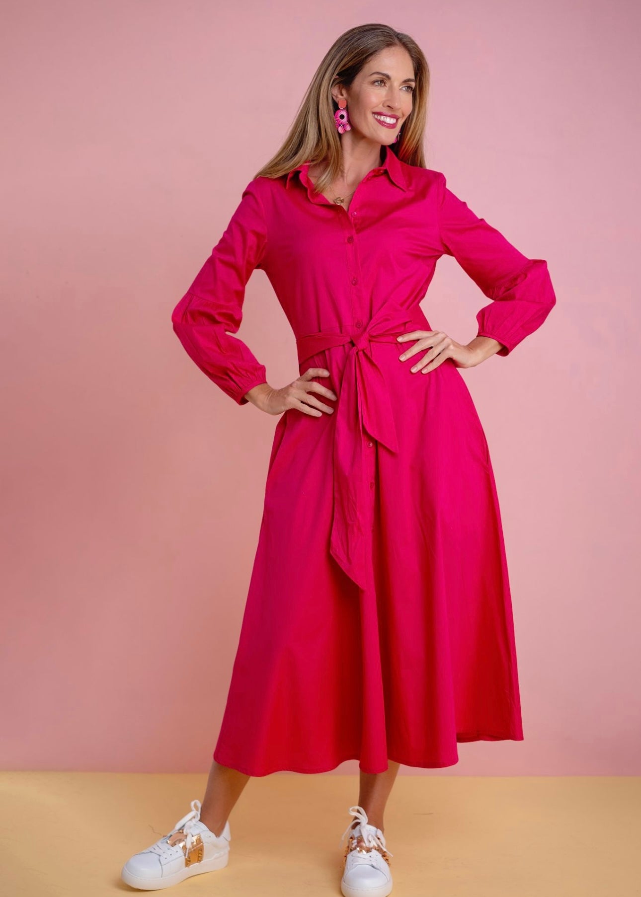 J-LO Dress straight sleeve, Fuchsia pink poplin