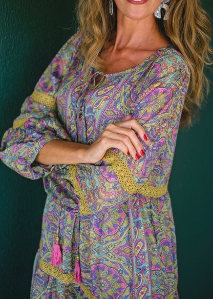 Boho dress in Lavender paisley with lace inset