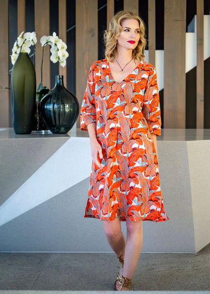 V-neck tunic, Coral big leaves