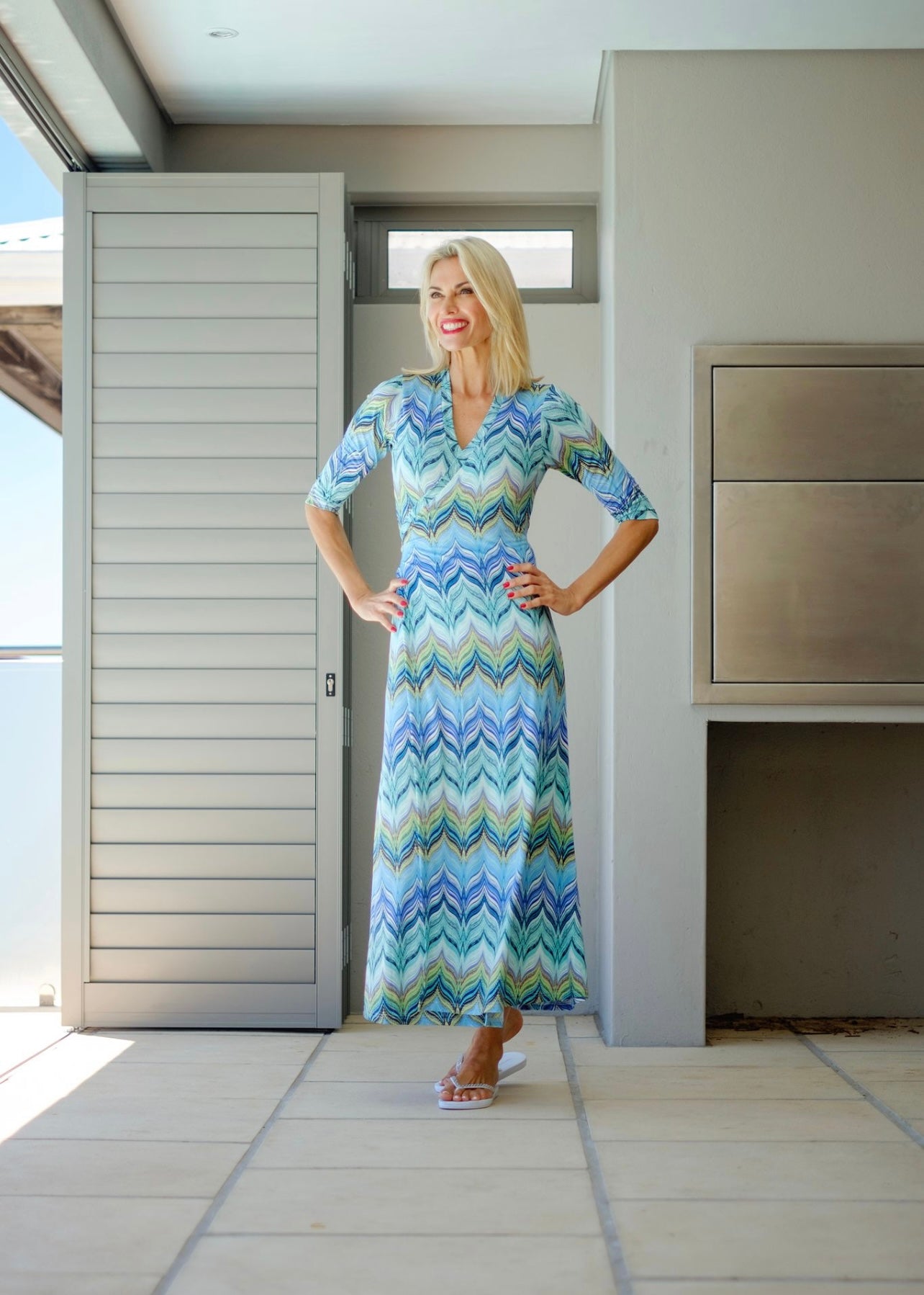 Maxi  Wrap dress , Turquoise and blue zig zag Long Sleeve