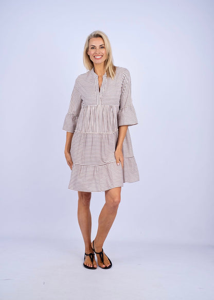 Loretta 3 tiered dress in Black & pale pink stripes