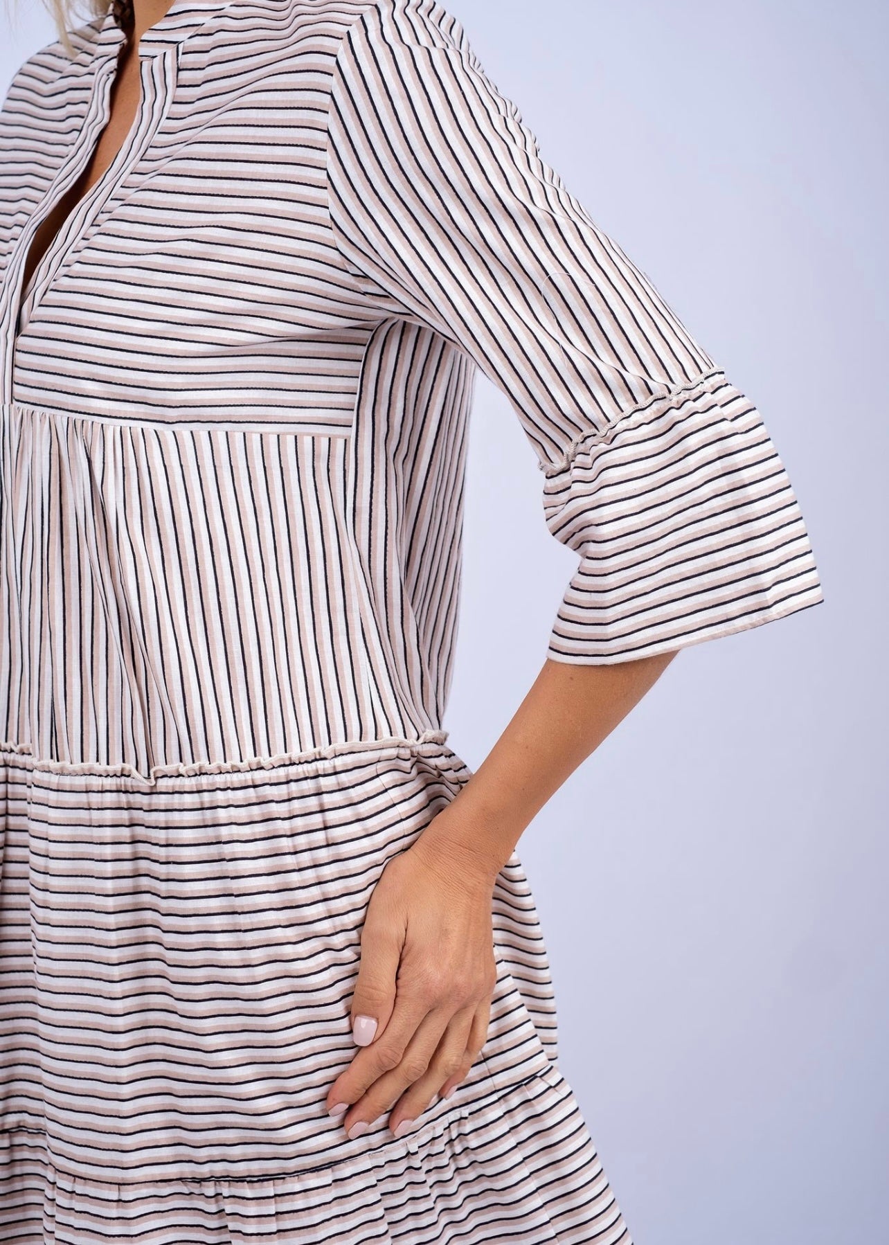 Loretta 3 tiered dress in Black & pale pink stripes