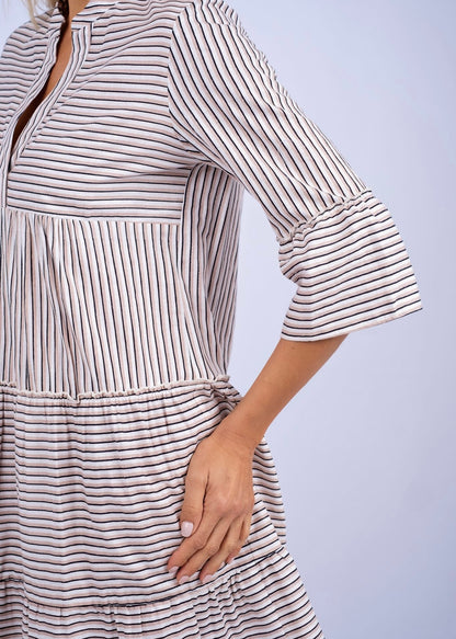 Loretta 3 tiered dress in Black & pale pink stripes
