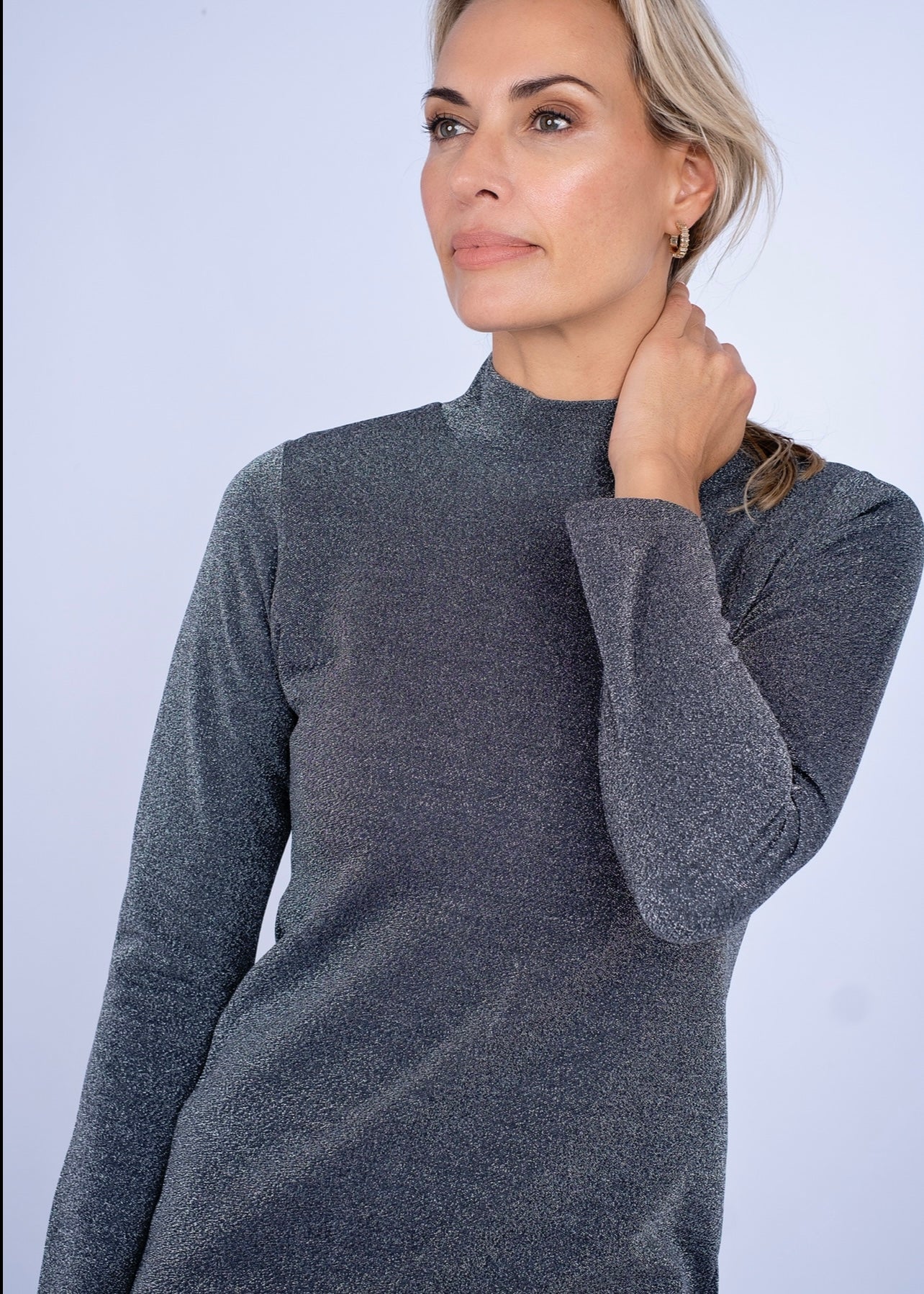 Turtle neck bodycon dress, Silver glitter stretch
