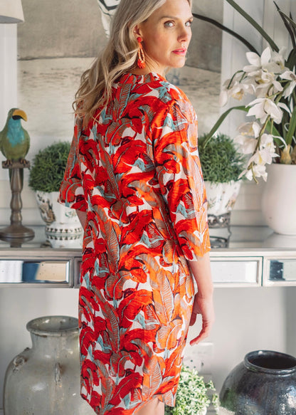 V-neck tunic, Coral big leaves