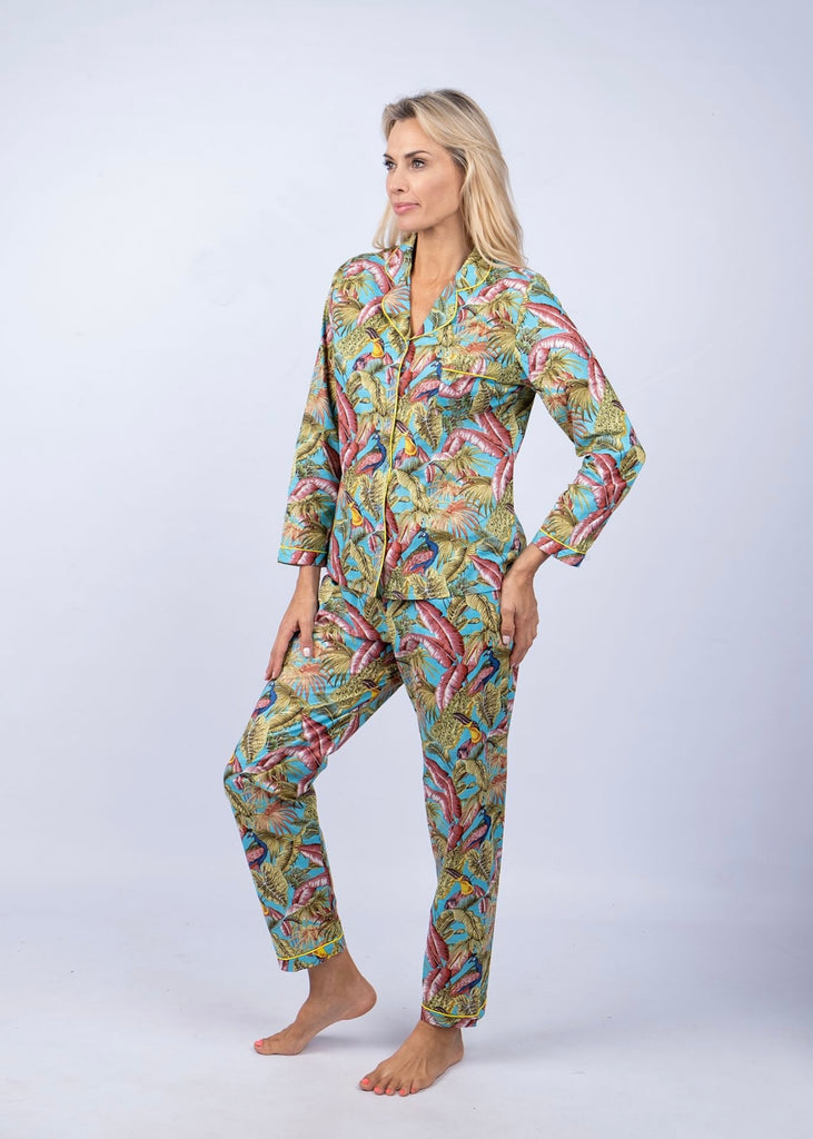 Long pyjama set,  Blue tropical bird