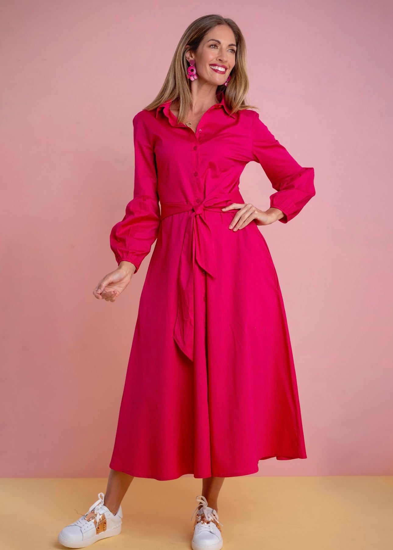 J-LO Dress straight sleeve, Fuchsia pink poplin
