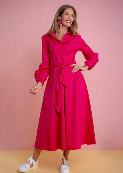 J-LO Dress straight sleeve, Fuchsia pink poplin