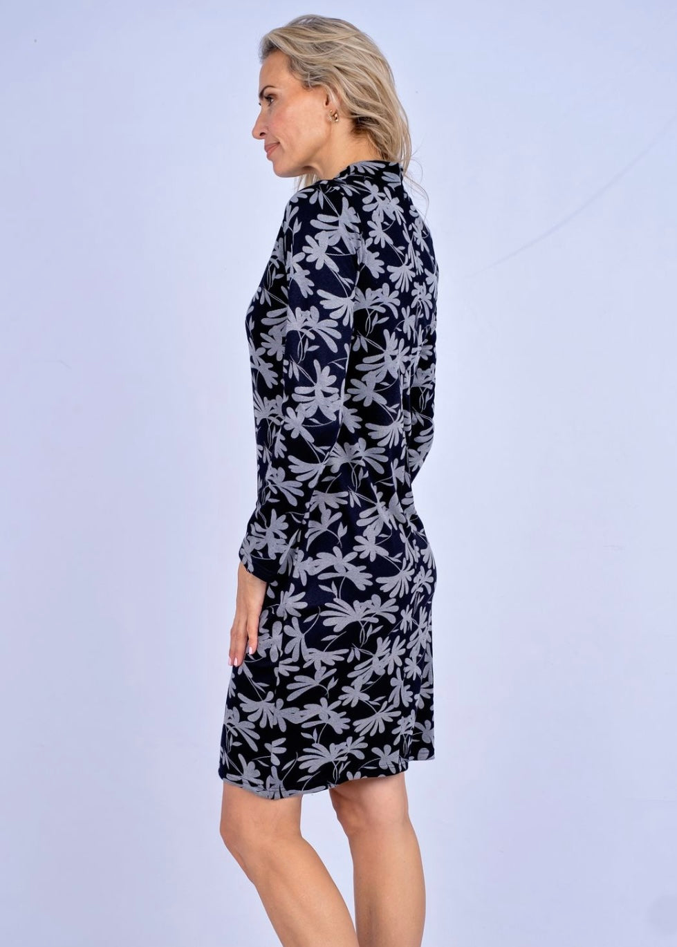 Turtle neck bodycon dress, Black and white floral print