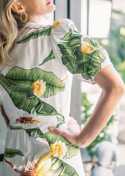 Wrap dress ,Rayon,Green and white leaves