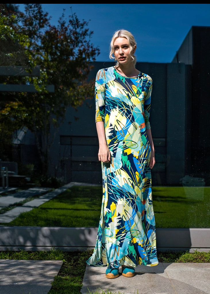 Mesh dress, Navy & yellow geometrical with undergarment