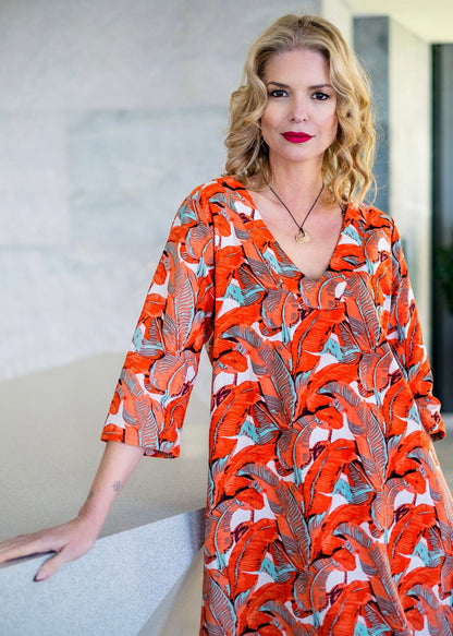 V-neck tunic, Coral big leaves
