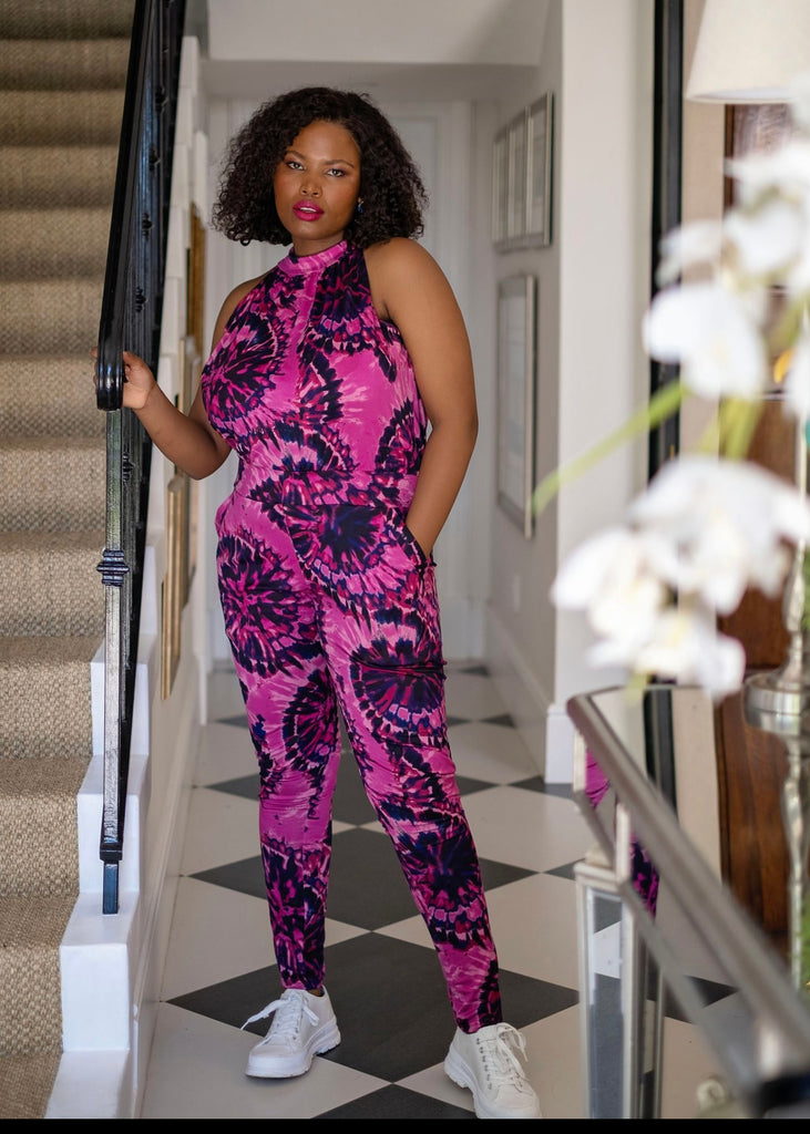 Halterneck jumpsuit, Cerise pink and Navy