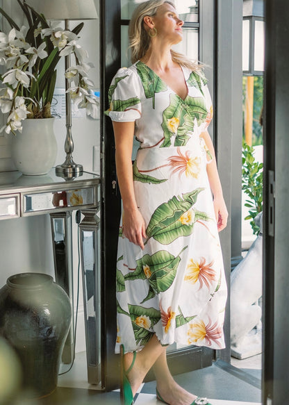 Wrap dress ,Rayon,Green and white leaves