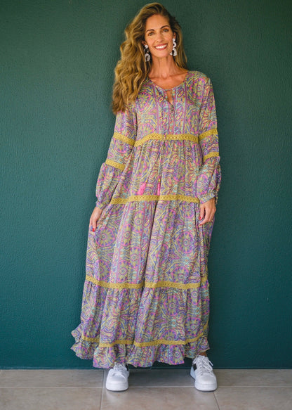 Boho dress in Lavender paisley with lace inset