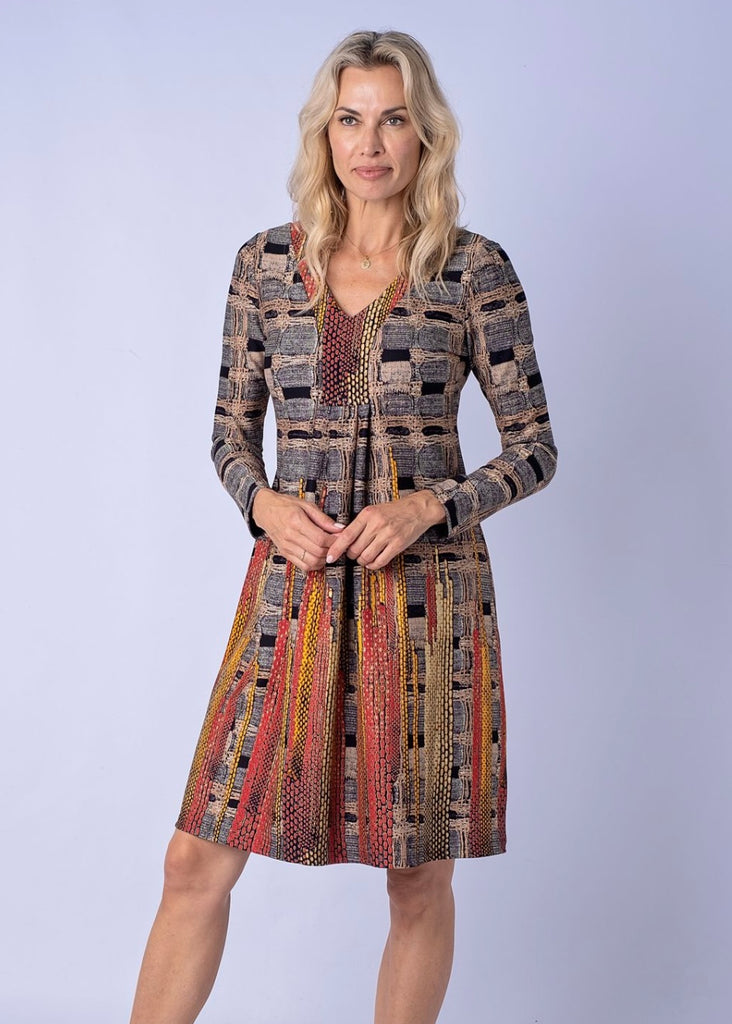 Deep V dress with inset , Brown and Ocre scuba