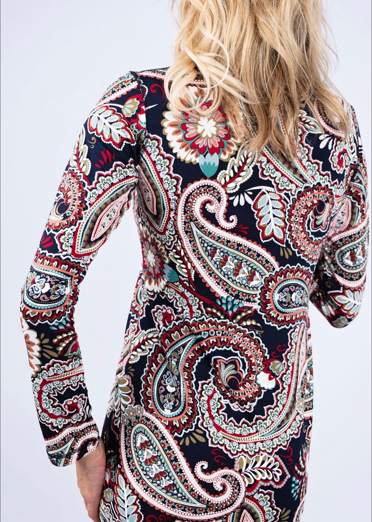 Icon dress, Navy & red embossed  paisley