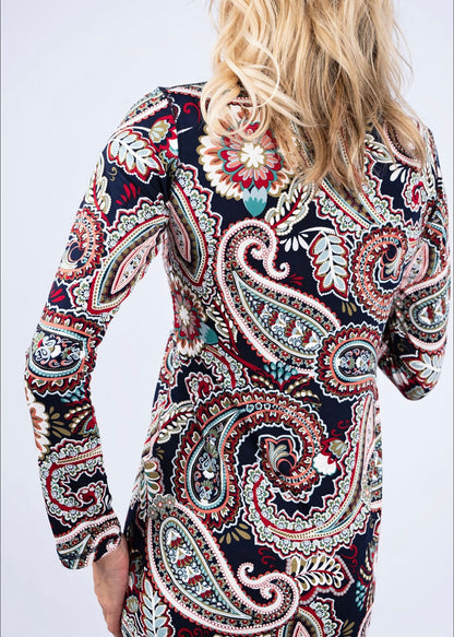 Icon dress, Navy & red embossed  paisley