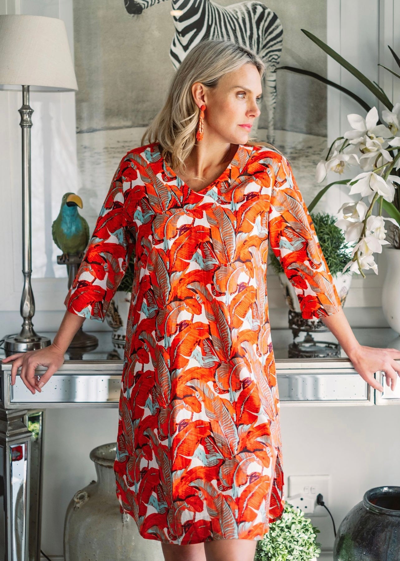 V-neck tunic, Coral big leaves