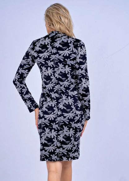Turtle neck bodycon dress, Black and white floral print