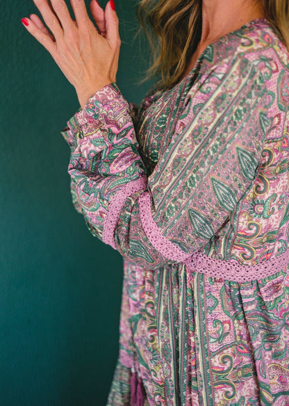 Boho dress in Pink paisley with lace inset